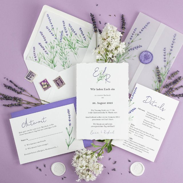 Einladung Hochzeit Lavendel Licht auf Papier